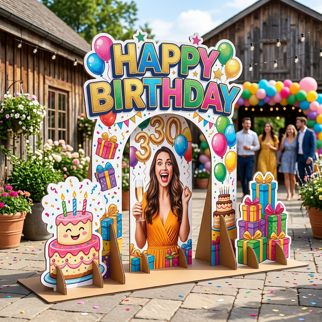 Colorful 30th birthday photo frame with balloons, gifts, and a woman holding a champagne glass