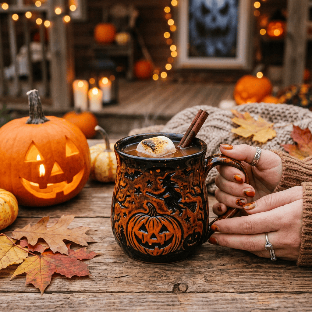 Halloween mug of hot cocoa with marshmallow, pumpkins, autumn leaves, and fairy lights